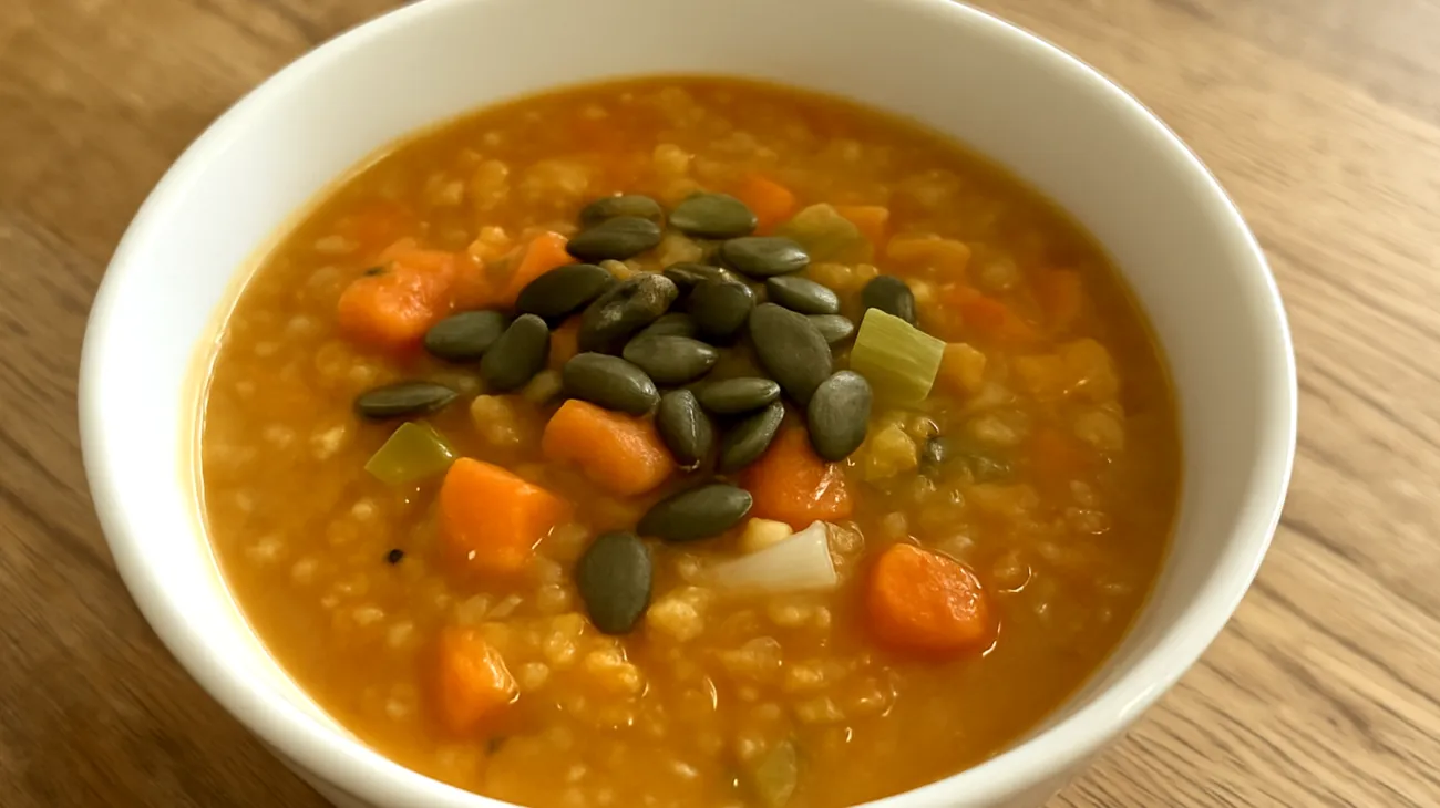 Zuppa di lenticchie rosse con verdure e semi di zucca"